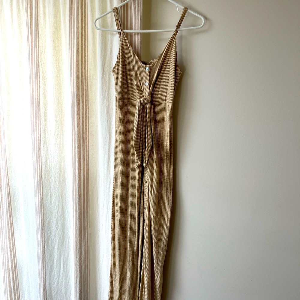 Super comfy midi dress, size medium, gold/ cream mini stripe, shell buttons